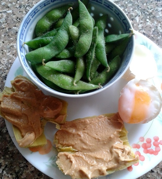 lunch, food, diet, healthy, fitness, edamame, egg, sweet potato, pb2, peanut butter, fitness